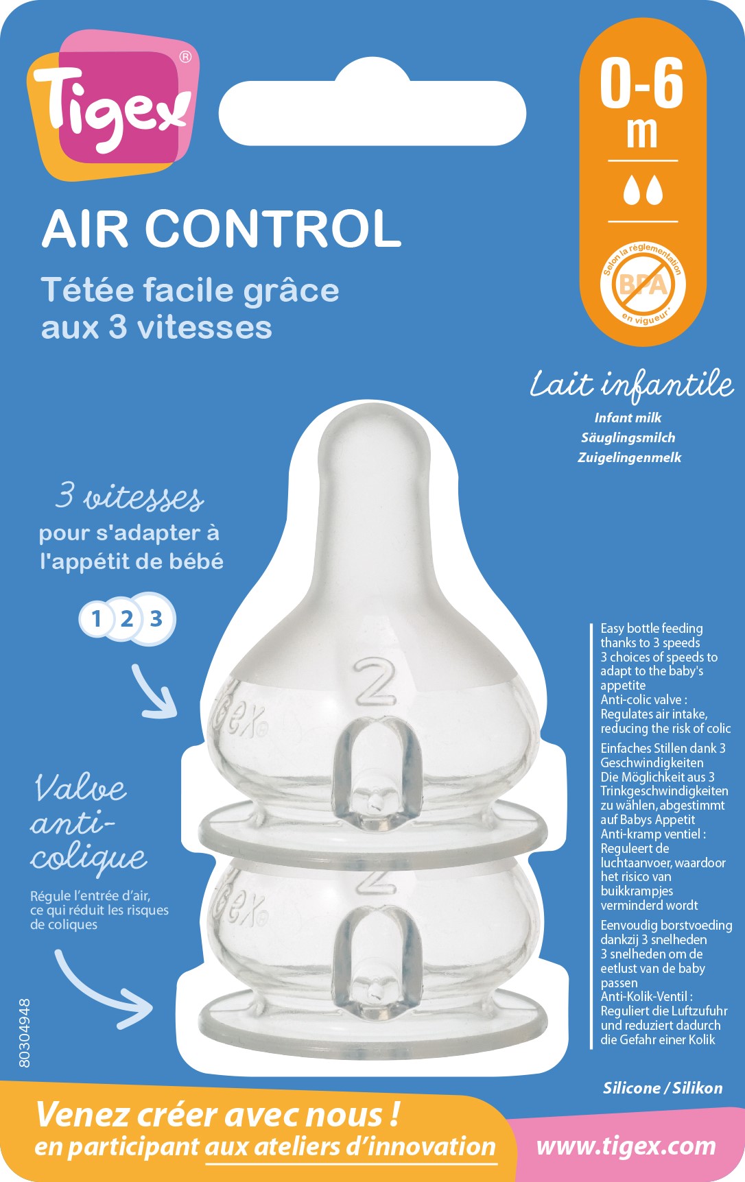 Tétines AIR CONTROL 0-6m - Lait Infantile - Tigex