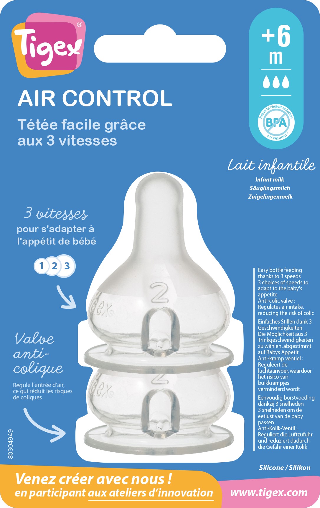 Tétines AIR CONTROL +6m - Lait Infantile - Tigex