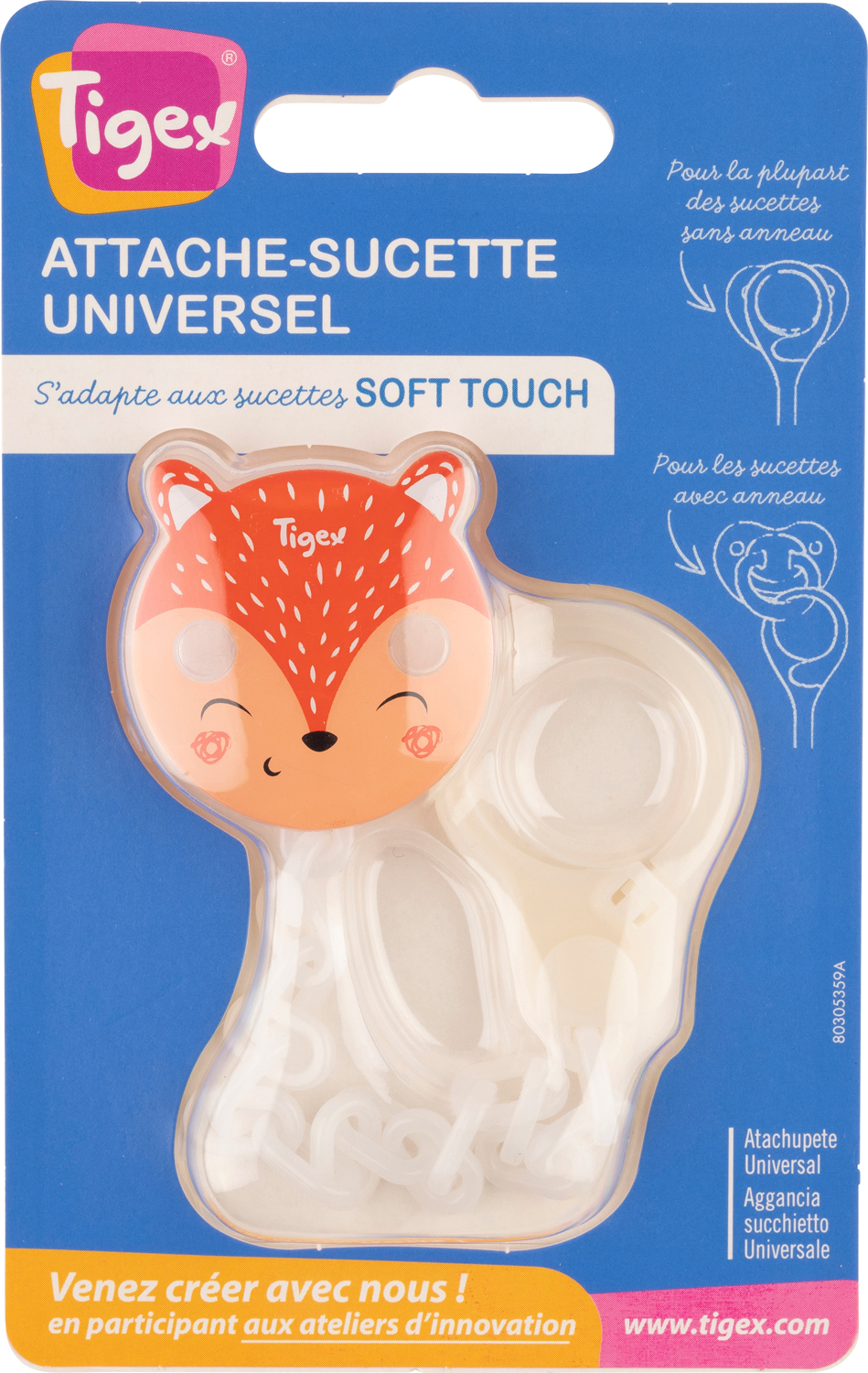 Attache-sucette chaînette universel SOFT TOUCH FRIENDS - Tigex