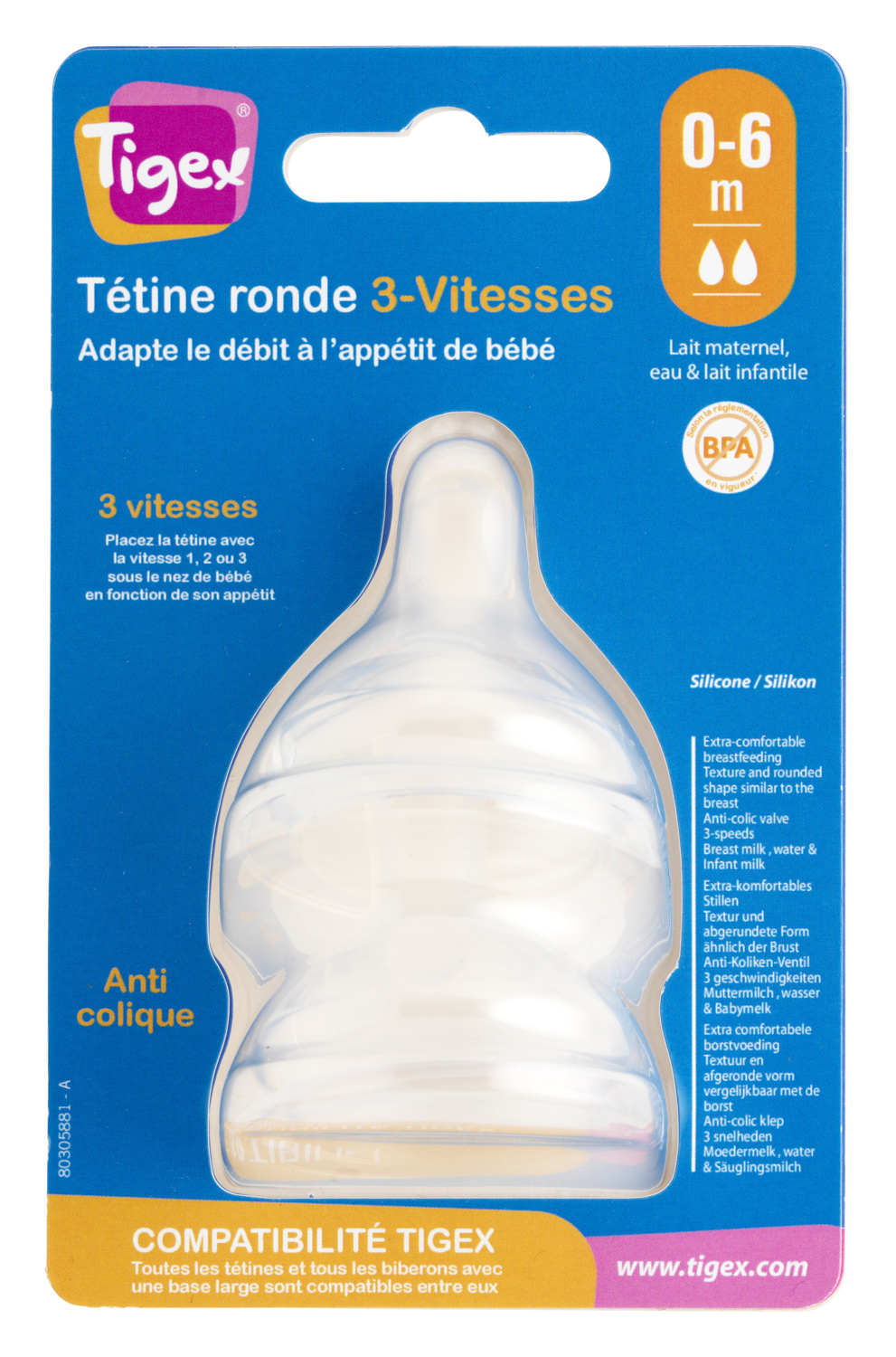 Tétines 3 VITESSES 0-6m - Lait Infantile - Tigex