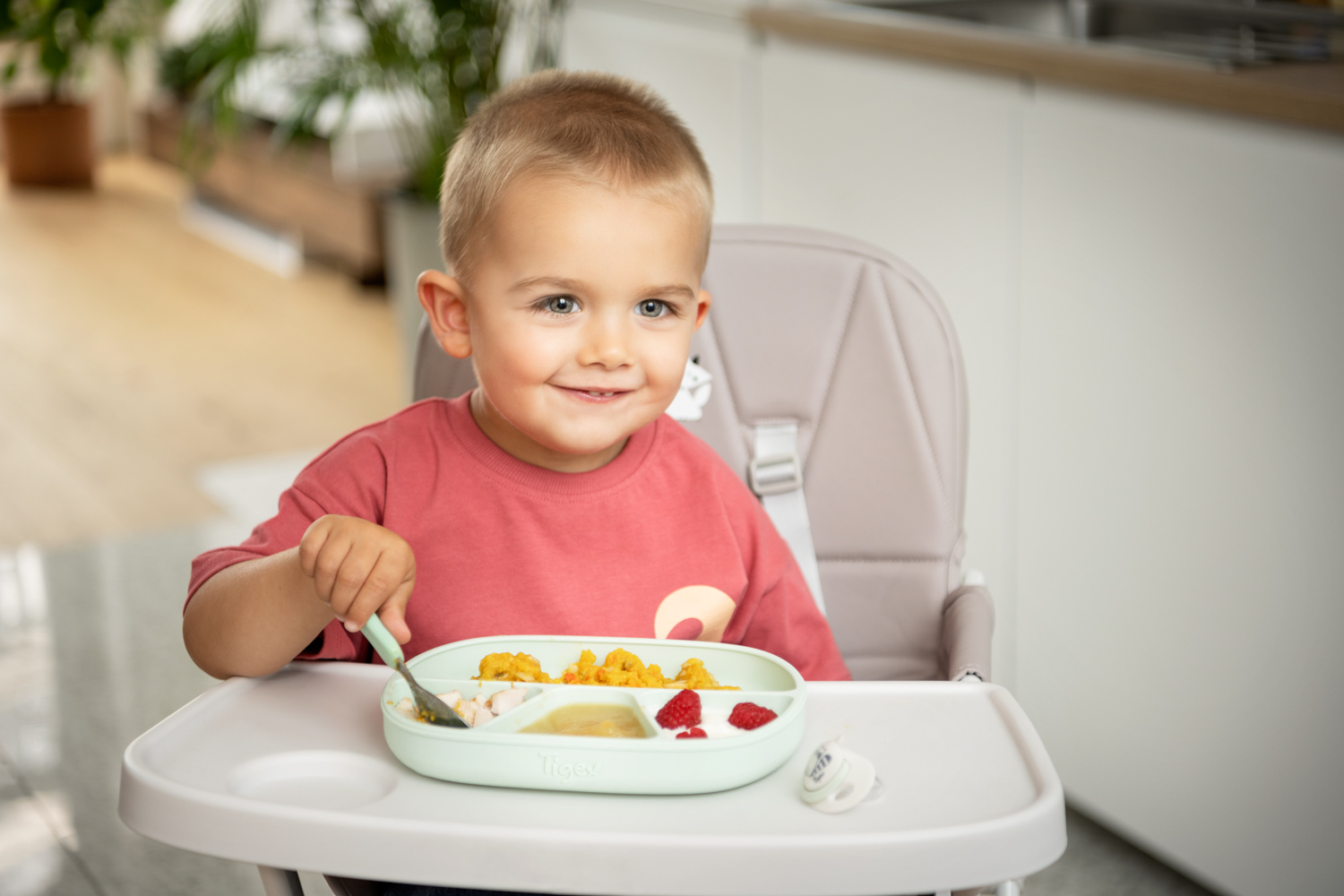 Assiette compartiments ventousée et cuillère en silicone Rose et gris